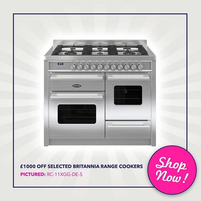 Up to £1000 off selected Britannia range Cookers - Pictured: Britannia RC-11XGG-DE-S 110cm Delphi XG Dual Fuel Range Cooker | Appliance City