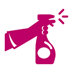 Icon of gloved hand spraying a cleaning bottle. Icon represents cleaning.