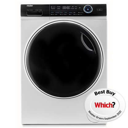 Haier: white washer dryer with Which? Best 2021 logo