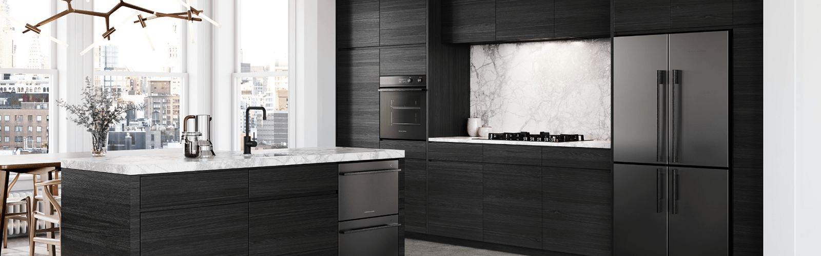 Kitchen with black wooden cabinets, all black Fisher & Paykel appliances, a white marble splashback, and a large window showing a city.