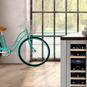 Dunavox wine cooler and teal bike