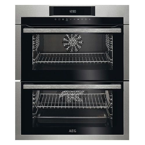 A AEG built-under double oven in black with a stainless steel frame