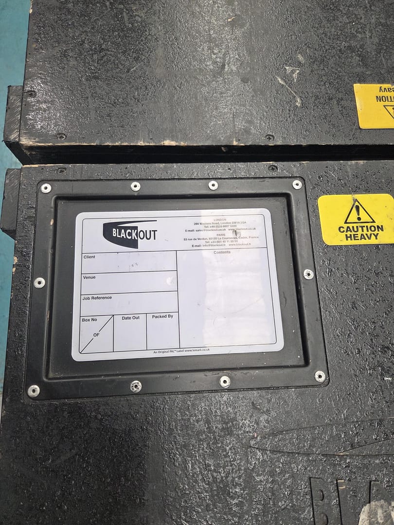 Custom Printed PAL Label on Blackout Flight Case Le Mark custom printed PAL label applied to a Blackout flight case for professional equipment branding