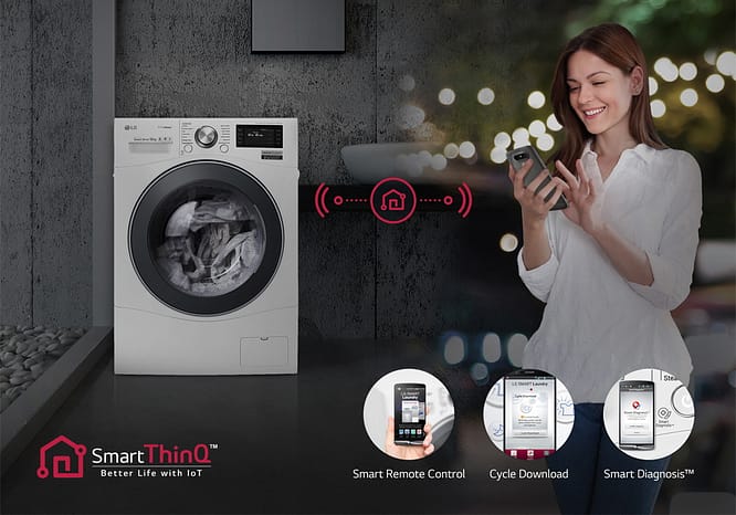 LG ThinQ allows you to control your LG laundry appliance via your phone. Features include: Smart remote control, cycle download and smart diagnosis.