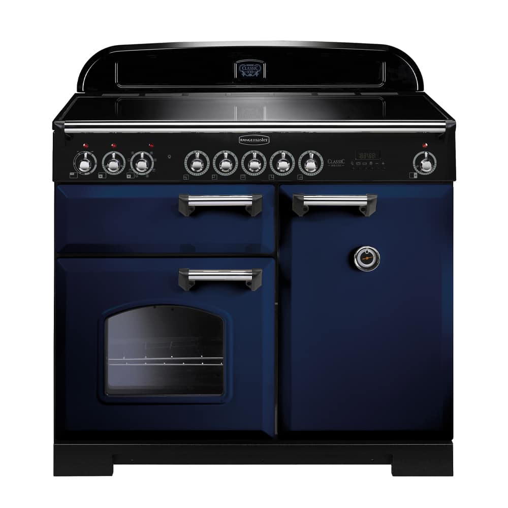 CDL100EIRB C.rangemaster rangemaster range cooker in blue, with silver handles