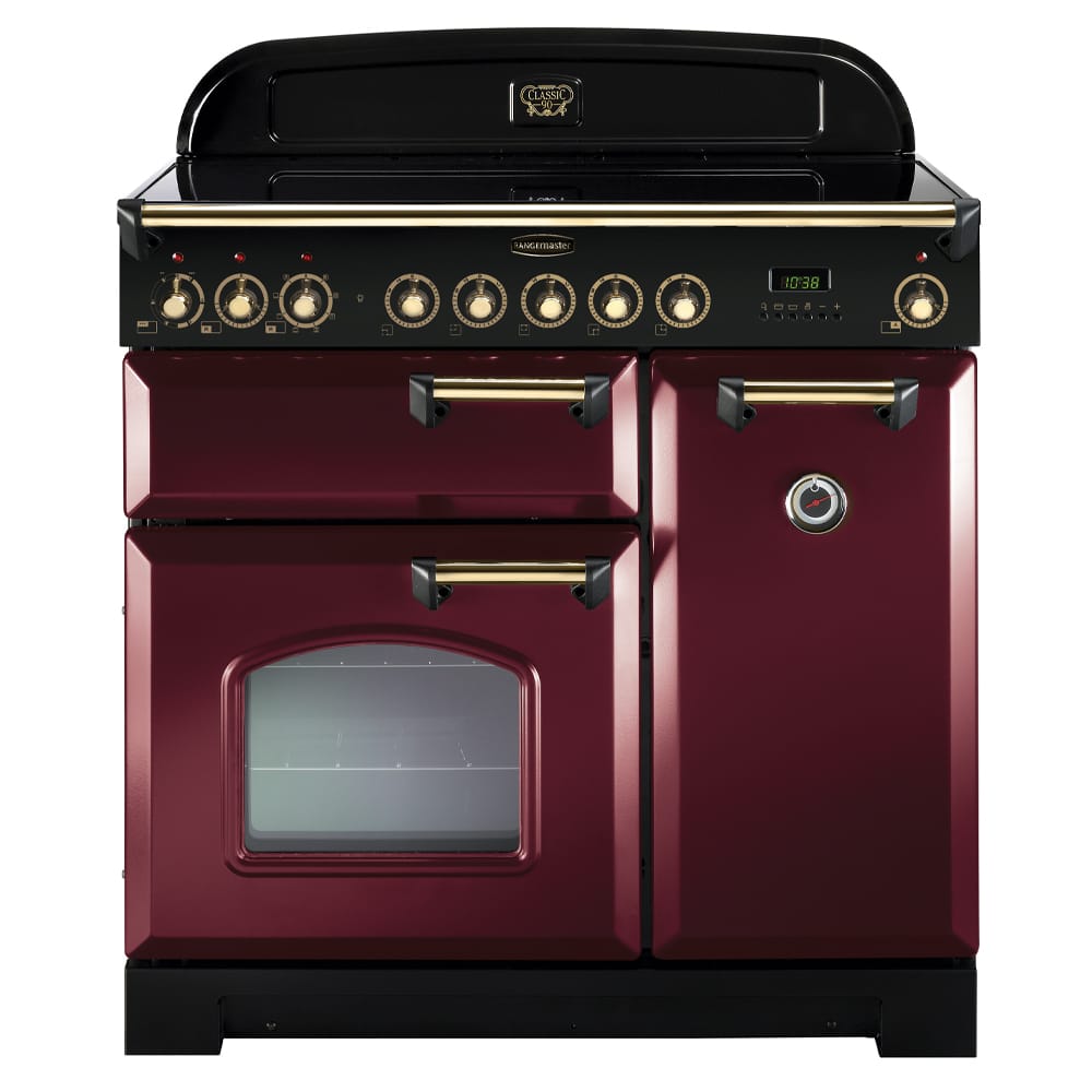 CDL90EICY _rangemaster Rangemaster range cooker in cranberry with brass handles