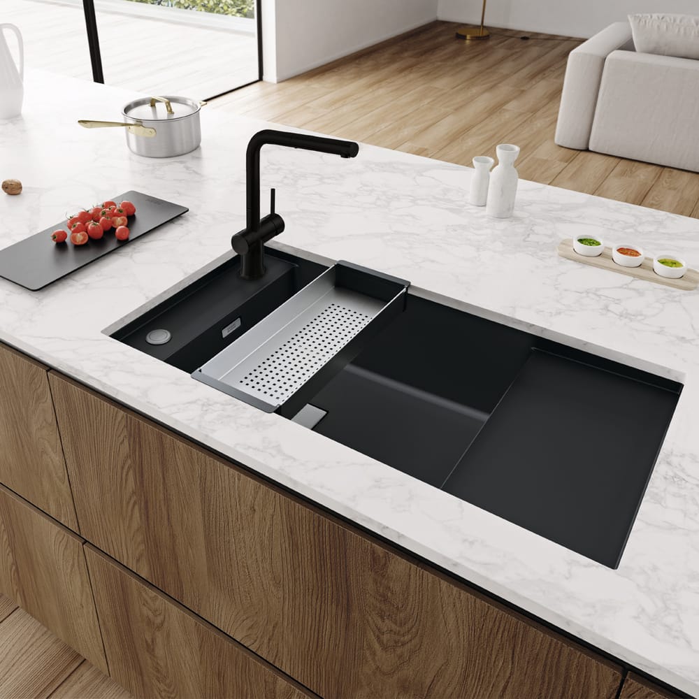 franke-FSG111-1000x1000 Franke Fresno undermount sink in matt black. Situated in an island with white worktops and wooden sides.