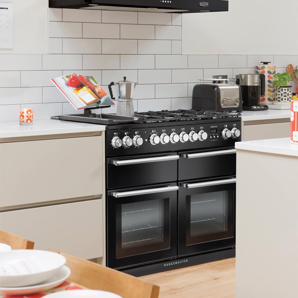 NEXSE110DFCBC.rangemaster.2 Rangemaster range cooker in a dark grey kitchen