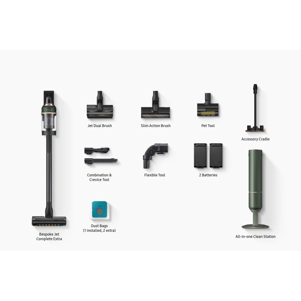 Sam-vs20a95943n-complete Samsung Bespoke Jet Complete Extra Vacuum Cleaner. What is included with the vacuum: Jet Dual Brush, Slim Action Brush, Pet tool, Accessory cradle, Combination & Crevice Tool, Flexible Tool, 2 Batteries, Dust Bags, All-inone Clean Station
