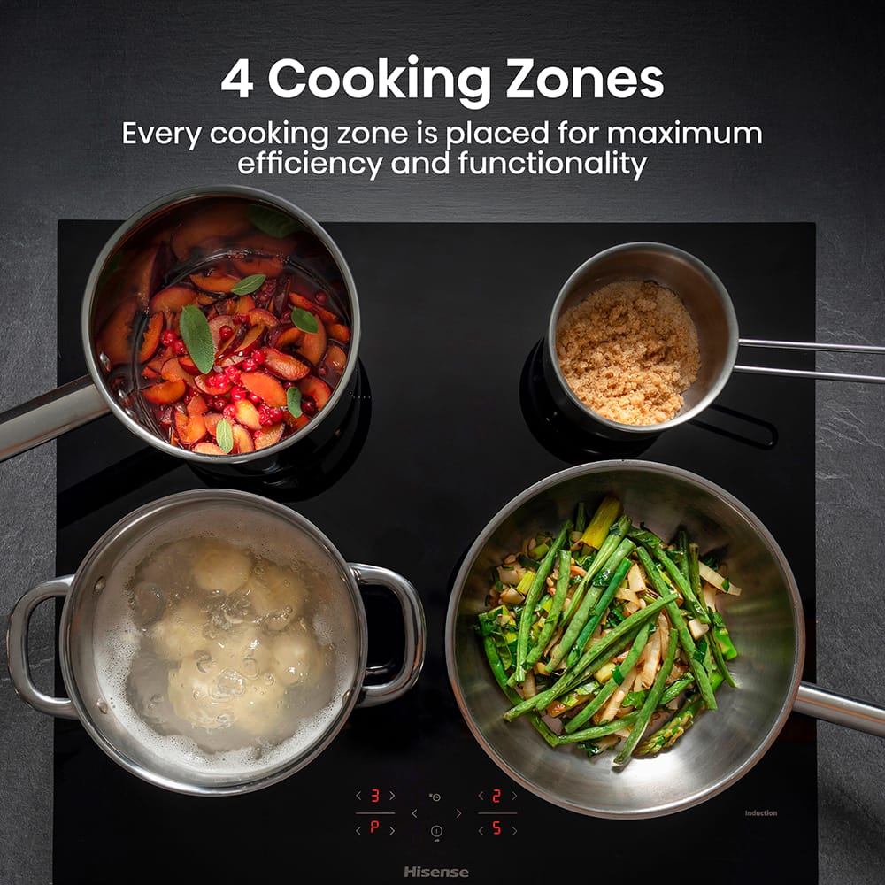 4 Cooking Zones_HI6401BSC_2 4 saucepans on a Hisense Hob, representing the 4 cooking zones