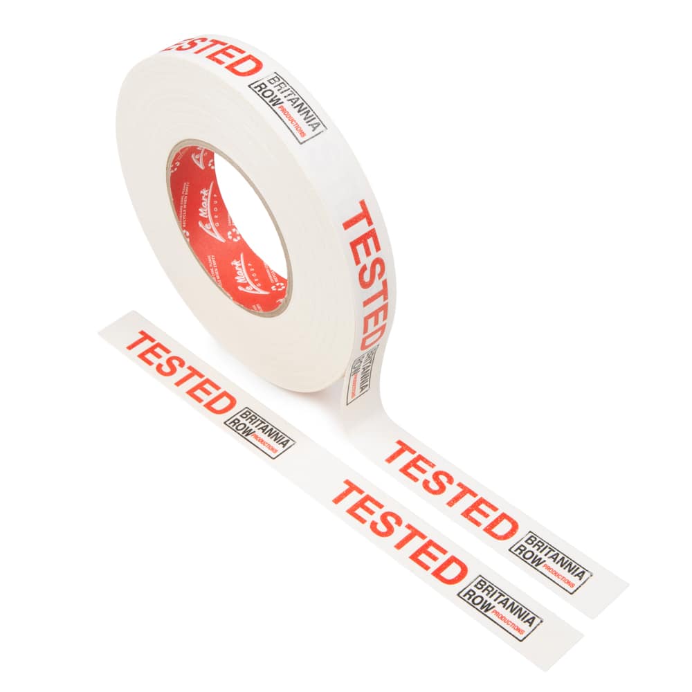 Britannia Row Productions Custom Printed Cloth Gaffer Tape Custom printed cloth gaffer tape for Britannia Row Productions, featuring red text and a black company logo on a white tape roll for clear equipment identification and asset management.
