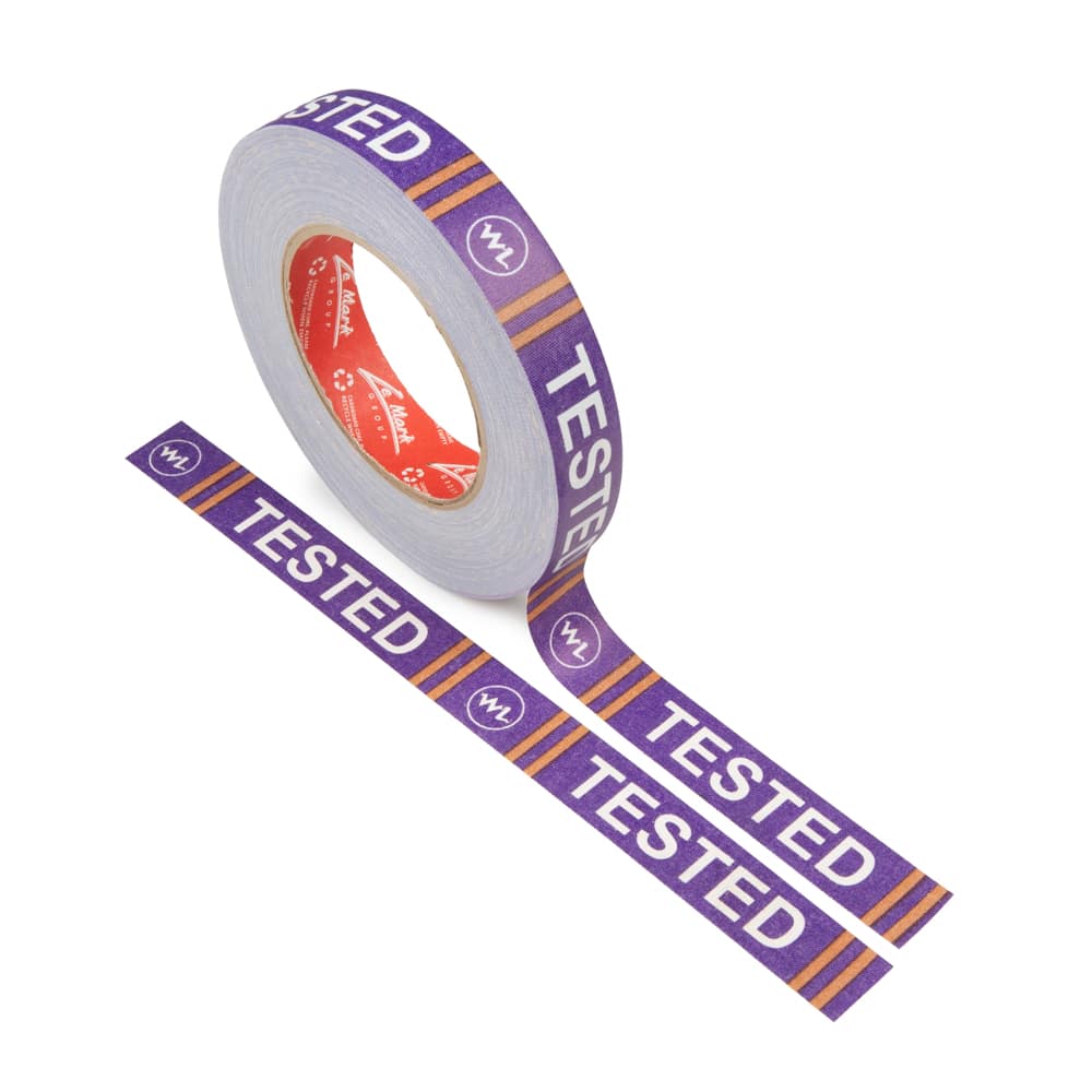 White Light Custom Printed Cloth Gaffer Tape for Equipment Identification Custom printed cloth gaffer tape for White Light, featuring the company logo and a purple and orange print for clear identification of tested equipment.
