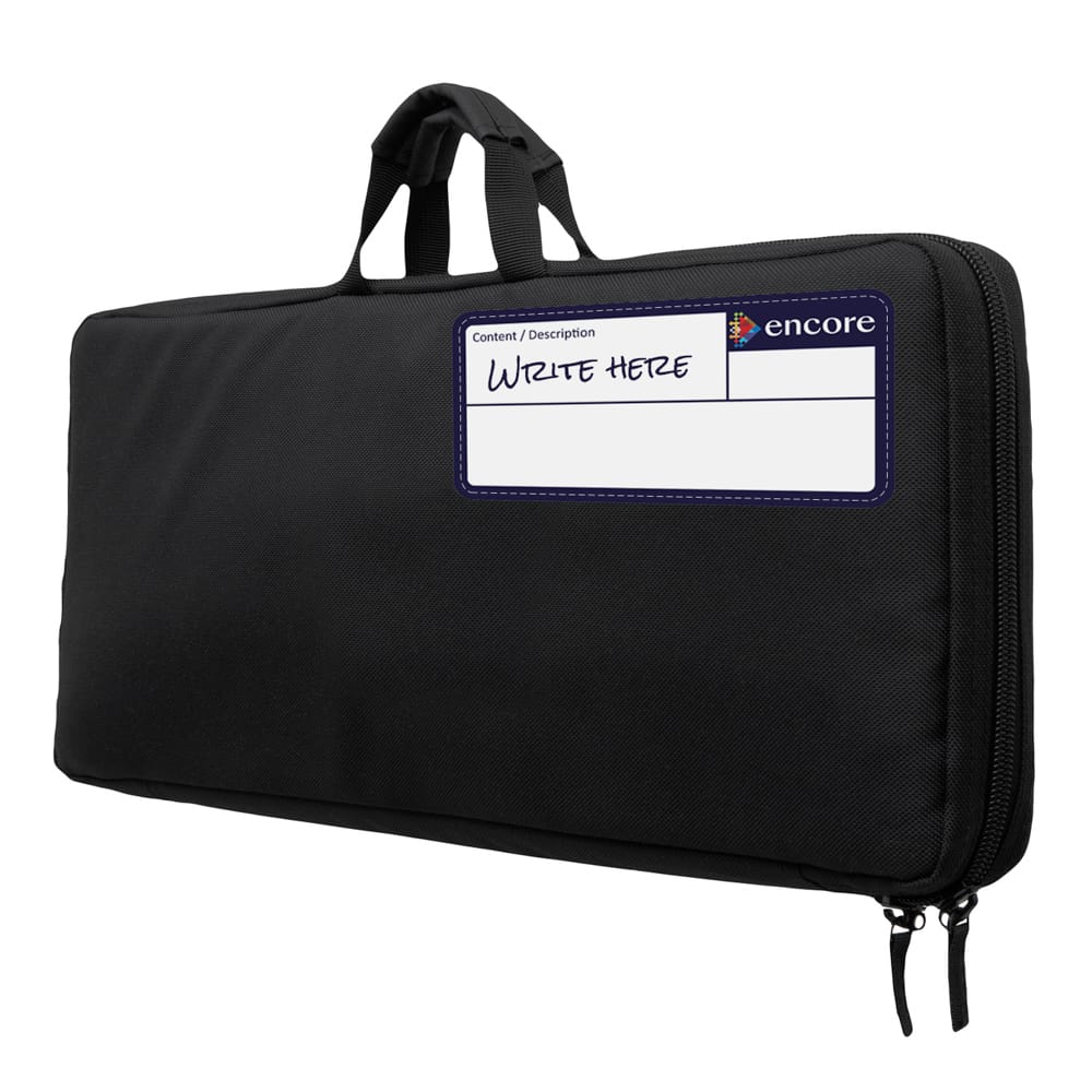 Flexi-PAL sew-on identification label with custom branding, write-on wipe-off surface, and durable stitched application for equipment and asset identification.