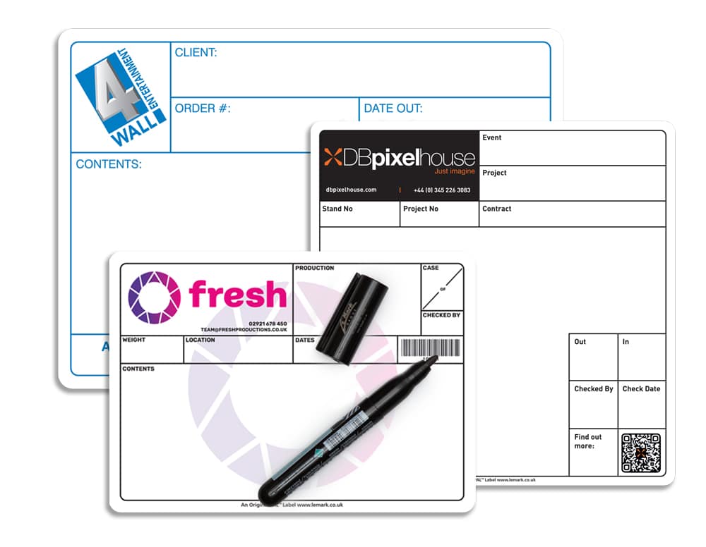 Three custom PAL™ road case labels showcasing different customer branding, colours and layouts applied to professional flight cases.