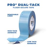 Pro Dual-Tack Floor Secure Tape with Annotations Annotated roll of Pro™ Dual-Tack Floor Secure Tape showing the release liner, high-tack adhesive side, and low-tack adhesive side.