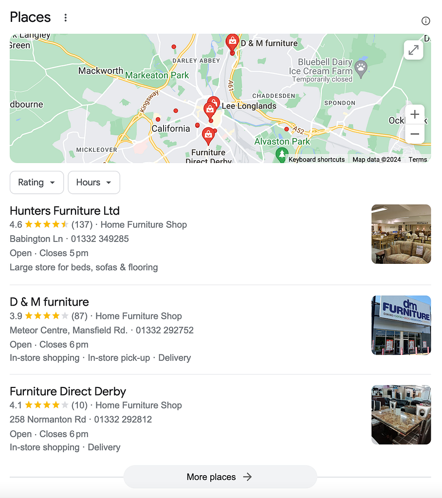 Multiple locations for furniture stores on google maps