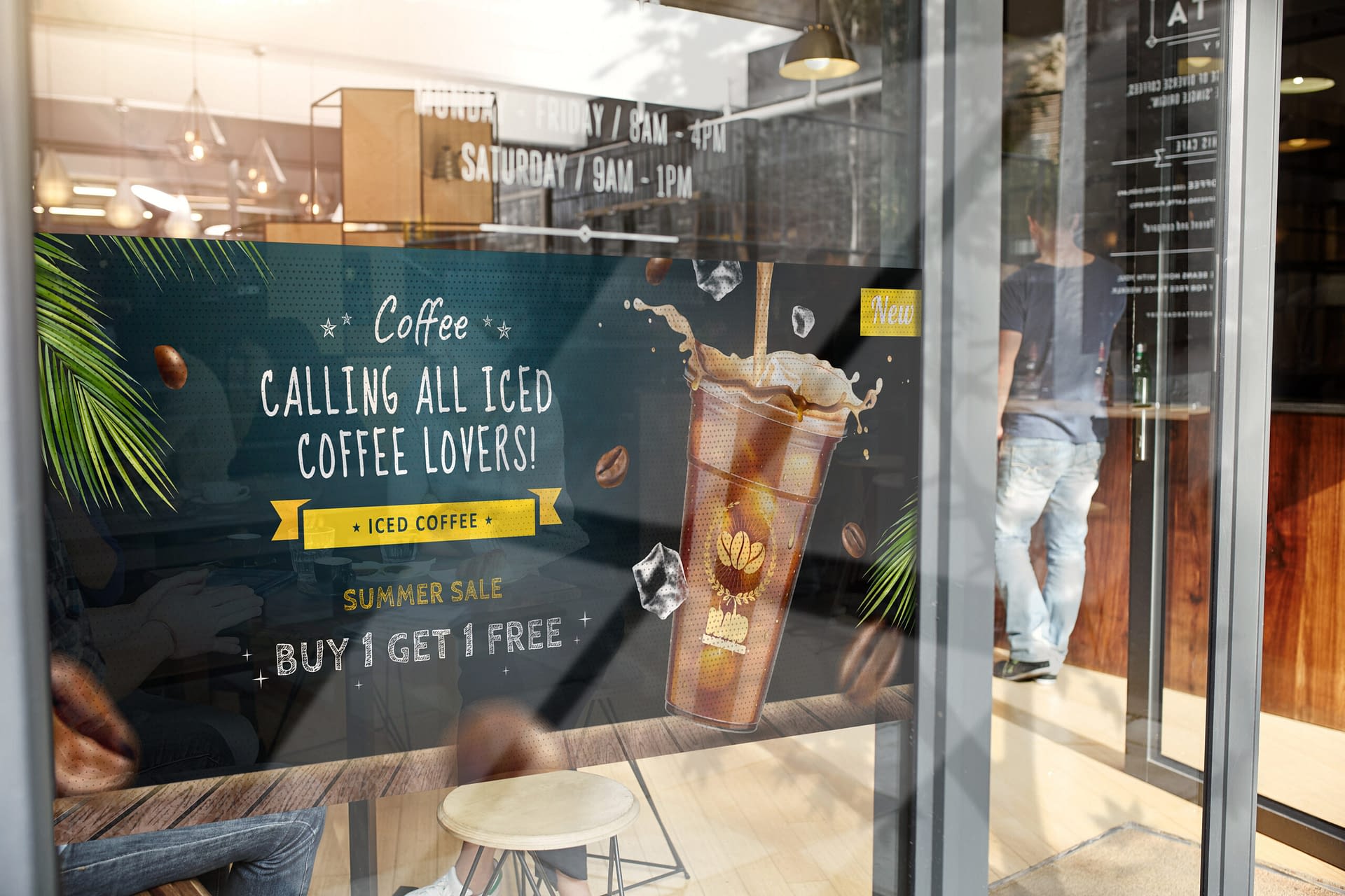 Woman with friends at a cafe seen through window