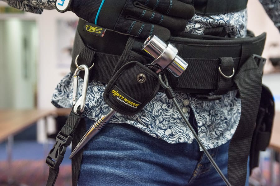The team at Leisuretec trying on Dirty Rigger's Padded Tool belt, podger holster and more.