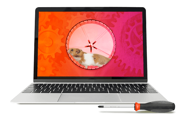 A laptop screen showing a hamster in a wheel