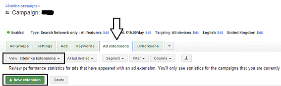 Where to find the ad extensions to set up sitelinks