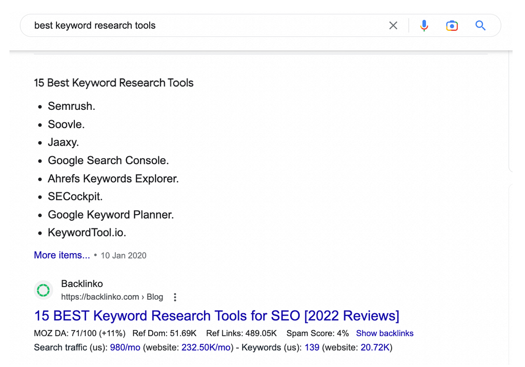 list featured snippet