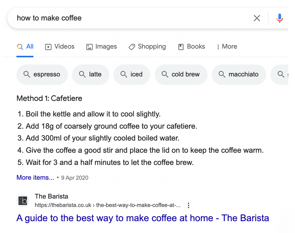 making coffee featured snippet