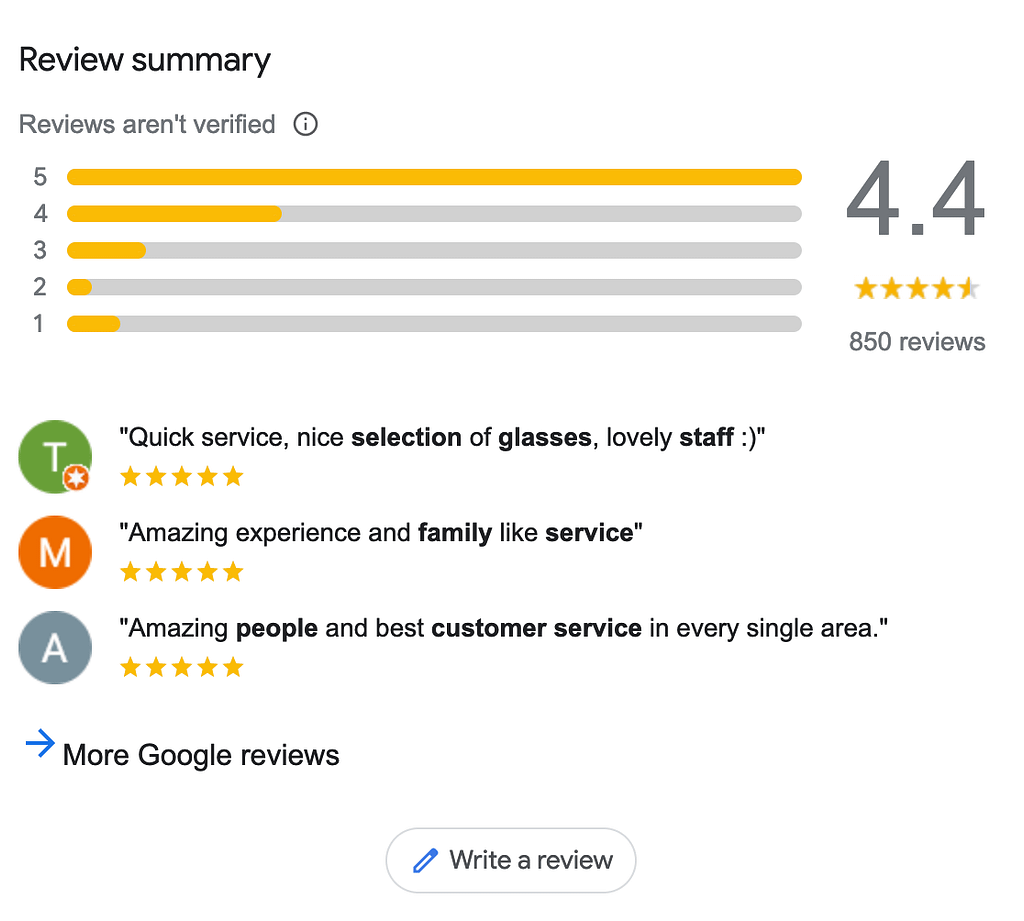 Google business profiles showing customer reviews