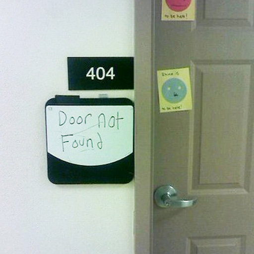 404 door not found sign next to a door