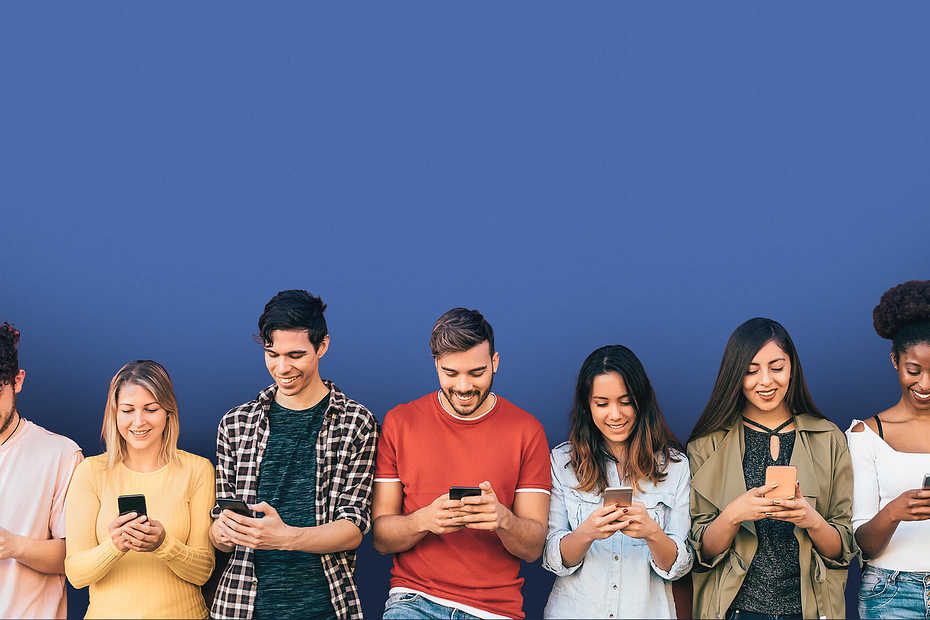 A group of people against a blue background using mobile phones