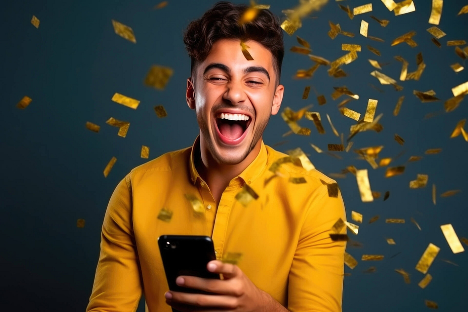Man holding a mobile phone showered in confetti
