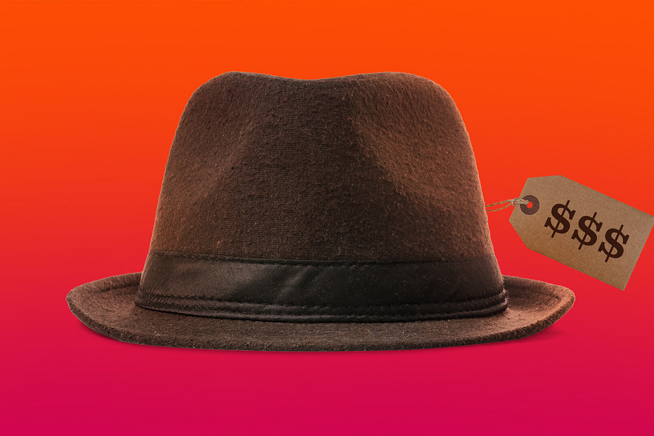 A brown hat with a sales tag, on an orange background