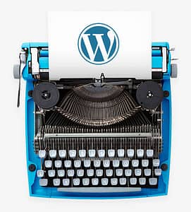 A blue typewriter showing the WordPress logo
