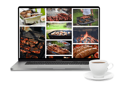 A laptop showing images of barbequed food