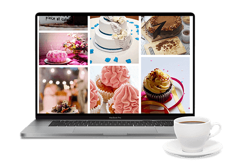 A laptop showing images of cakes