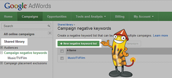 How to add a negative keyword list