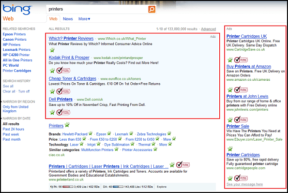 Paid ads in Bing's Search Engine Results