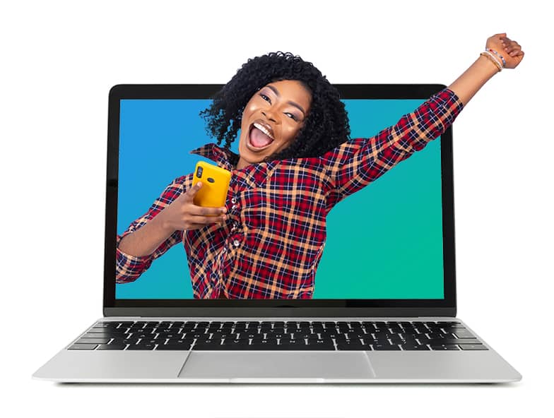 A happy woman on a laptop screen