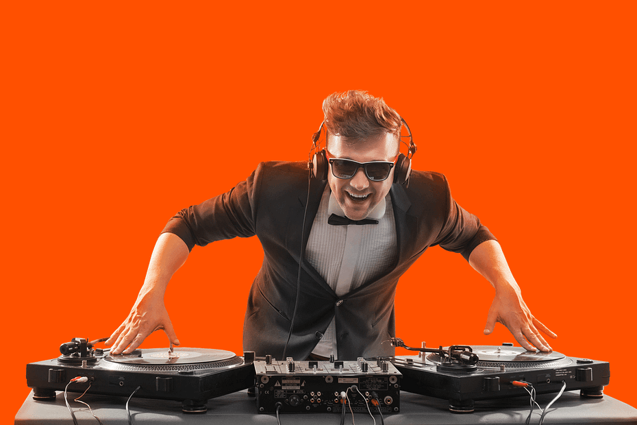DJ on an orange background
